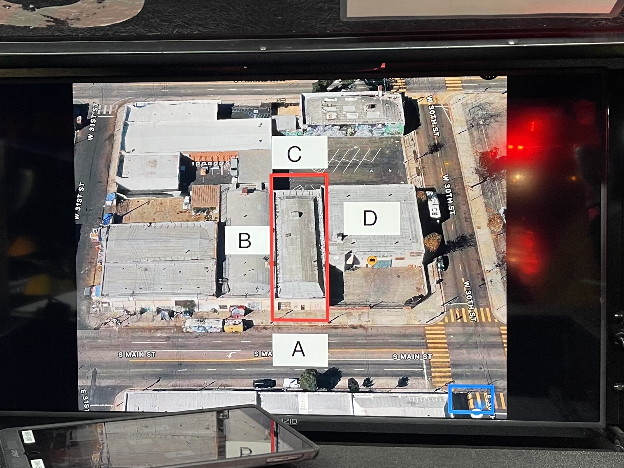 Google image labeling the buildings involved in the incident